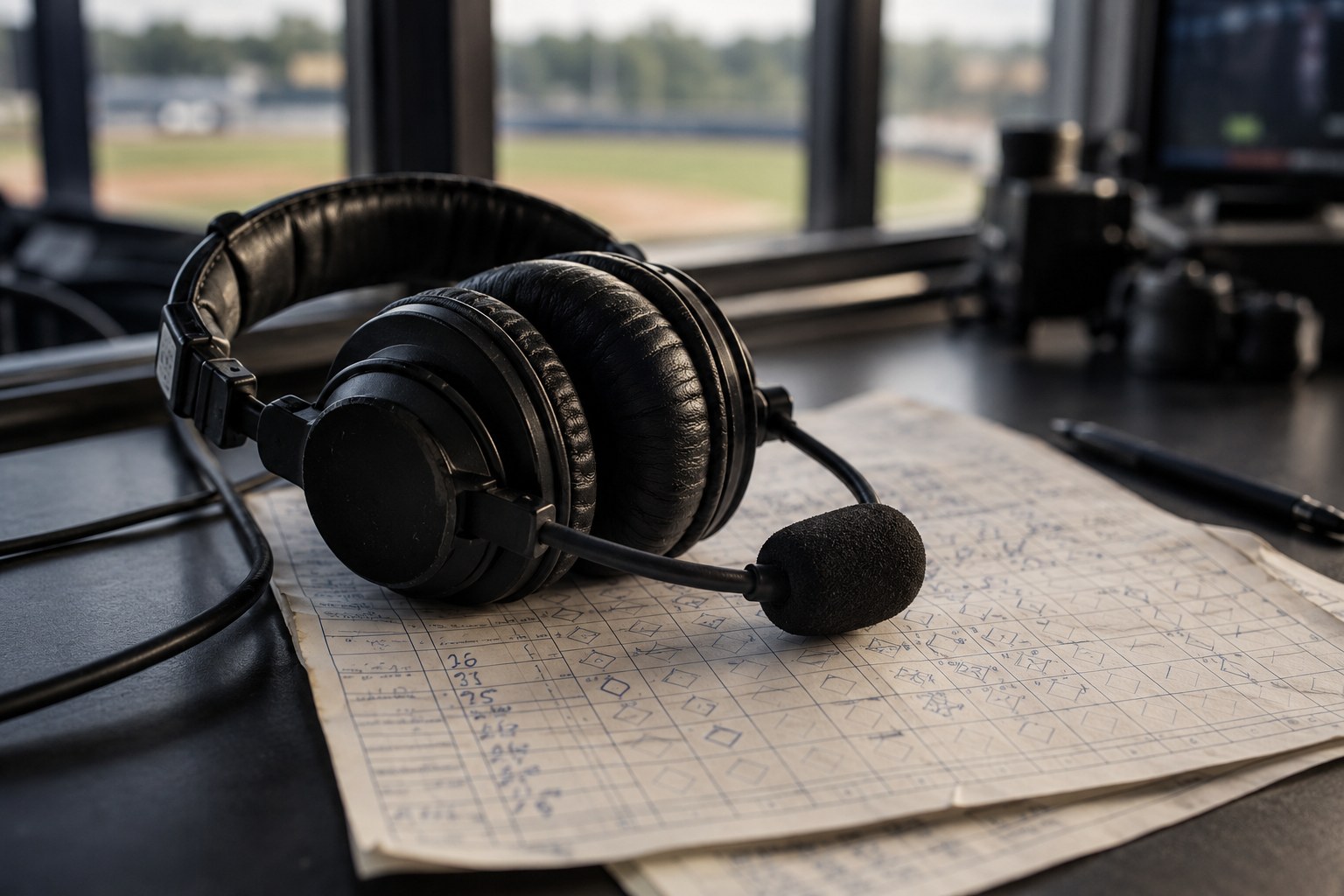 A broadcast headset and marked score sheet, an illustration of finding a new voice